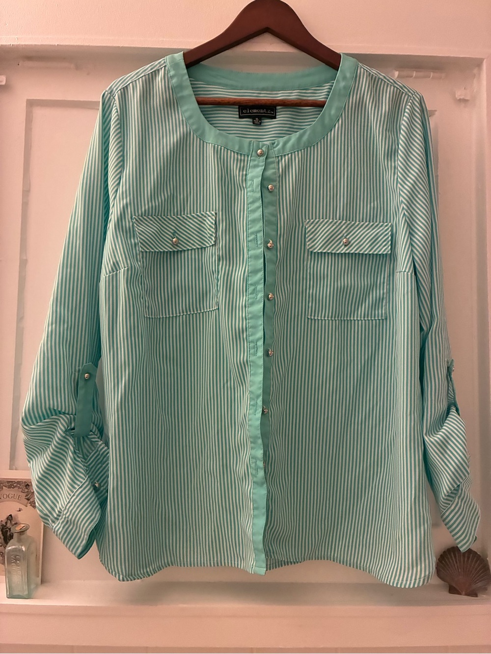 Elementz XL Mint/Turquois Green Striped Button-Front Women's Blouse